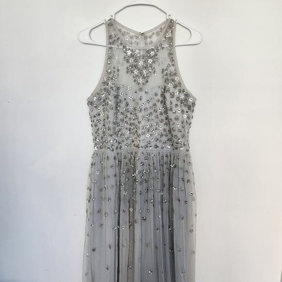 Anthropologie BHLDN GINNY SEQUIN FLOWER EMBELLISH TULLE MAXI DRESS GREY 10 - Picture 5 of 14